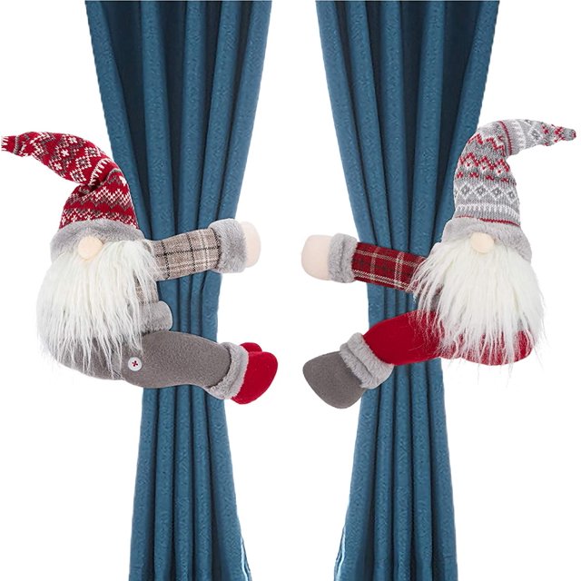 Paquete de 2 hebillas para cortina navideña, muñecos de gnomo de felpa, cuerda de sujeción para cortina, alzapaños decorativos para decoración del hogar de Navidad
