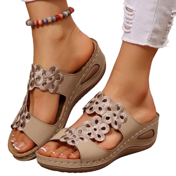 Domuza Womens Orthopedic Sandals Slip on Non Slip Arch Support Summer Flat Sandals Wide Width Beach Slippers 2026 New Comfort Orthopedic Shoes Beige 8(EU-40)
