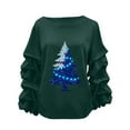 thumbnail image 2 of Yteetum Women's Christmas Crewneck Sweatshirts Oversized Christmas Tree Print Pleated Ruffle Trim Pullover Hoodless Sweatshirts Womens Casual Xmas Graphic Round Neck Loose Lantern Sleeve Sweatshirts, 2 of 5