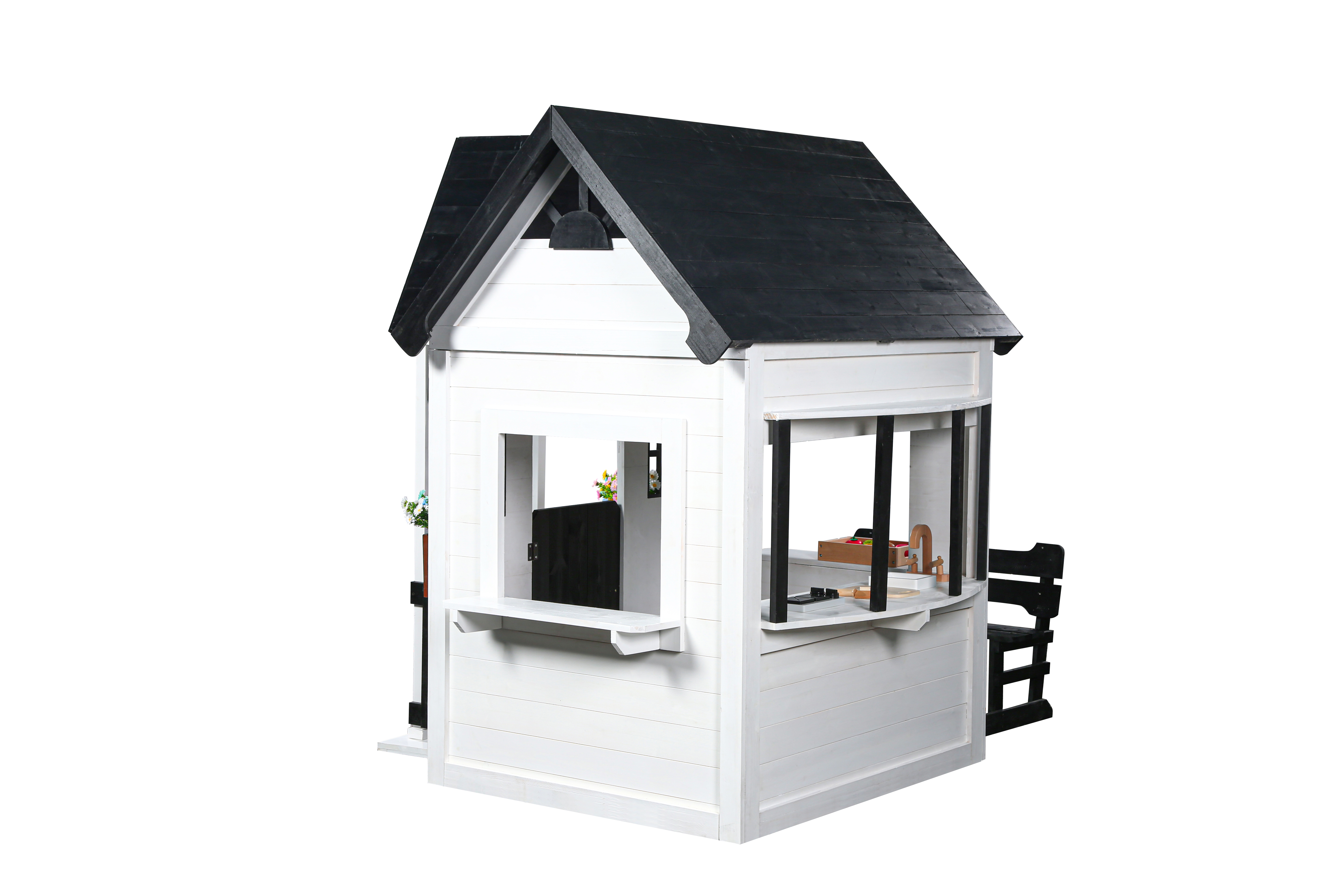 2MamaBees Oceano Playhouse | White & Black Farmhouse Design with Kitchen and Garden