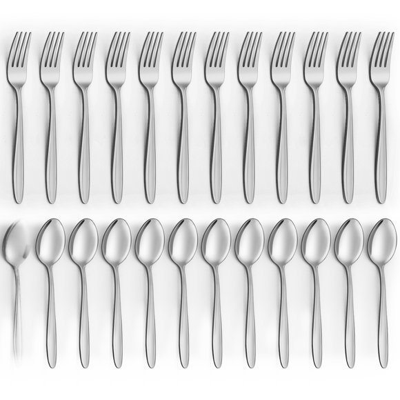 Mirdinner 24 Pcs Dinner Forks and Spoons Set, Stainless Steel Silverware Flatware Set, Salad Fork and Soup Spoon, Using for Home, Kitchen or Restaurant, Mirror Polished, Dishwasher Safe