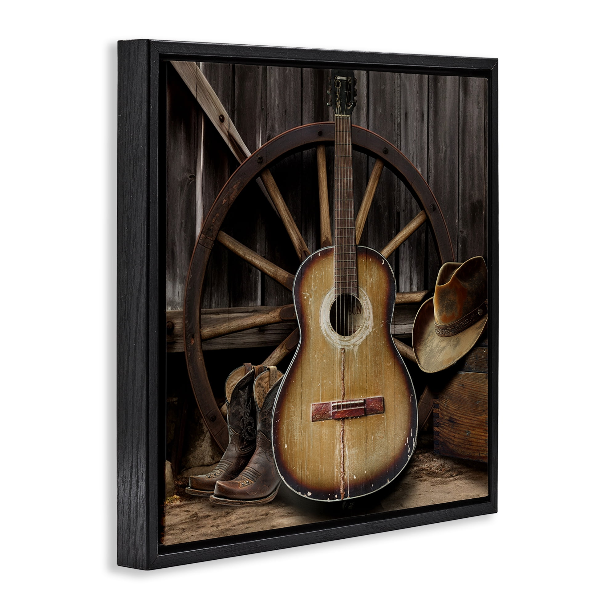 Stupell Industries Rustic Western Guitar with Hat Black Framed Floater Canvas Wall Art, design by CAD Designs