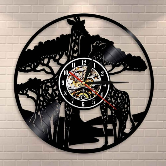 Amblelife Giraffes Family Wall Clock African Animal Home Decor Vinyl Record Vintage Clock Safari Baby Room Nursery Modern Wall Clock