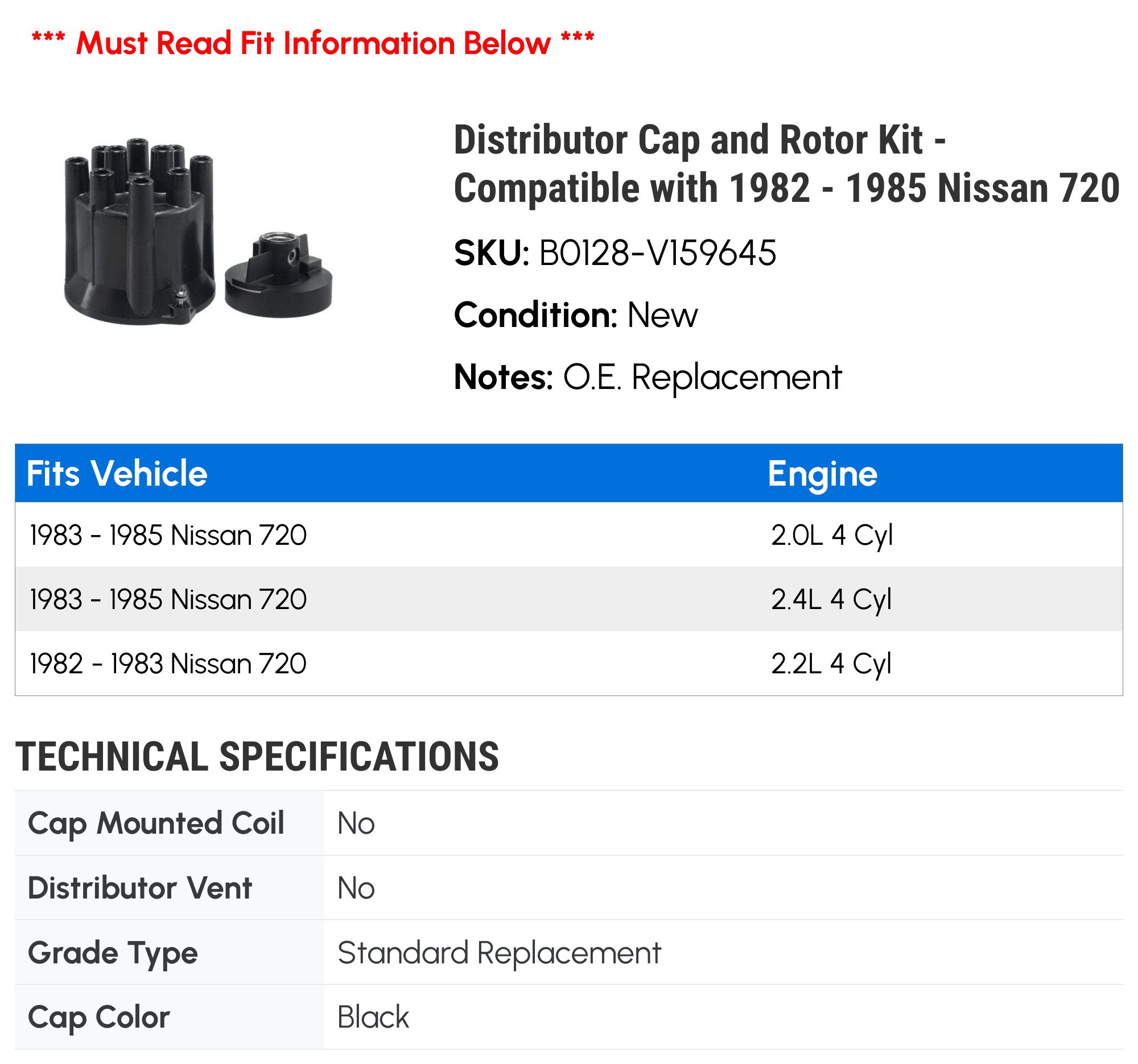 Distributor Cap and Rotor Kit - Compatible with 1982 - 1985 Nissan 720 1983 1984