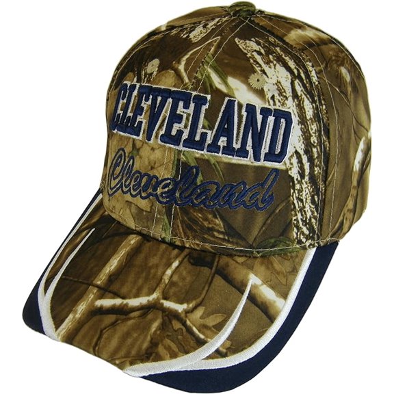 Cleveland City Name Block and Script Lettering Baseball Cap with Embroidered Bill (Hunting Camo/Navy)
