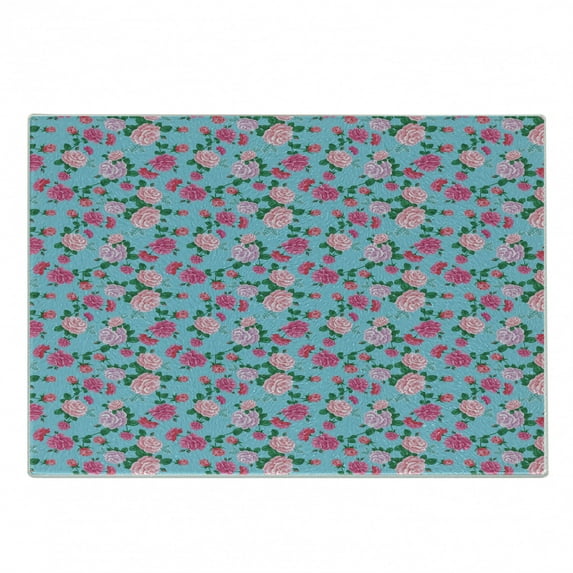 Vintage Rose Cutting Board, Continuous Vibrant Tones Flowers Arrangement, Decorative Tempered Glass Cutting and Serving Board, in 3 Sizes, by Ambesonne