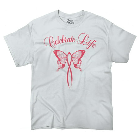 Breast Cancer Awareness T Shirt Pink Celebrate Life Butterfly Ribbon Tee by Pray For A