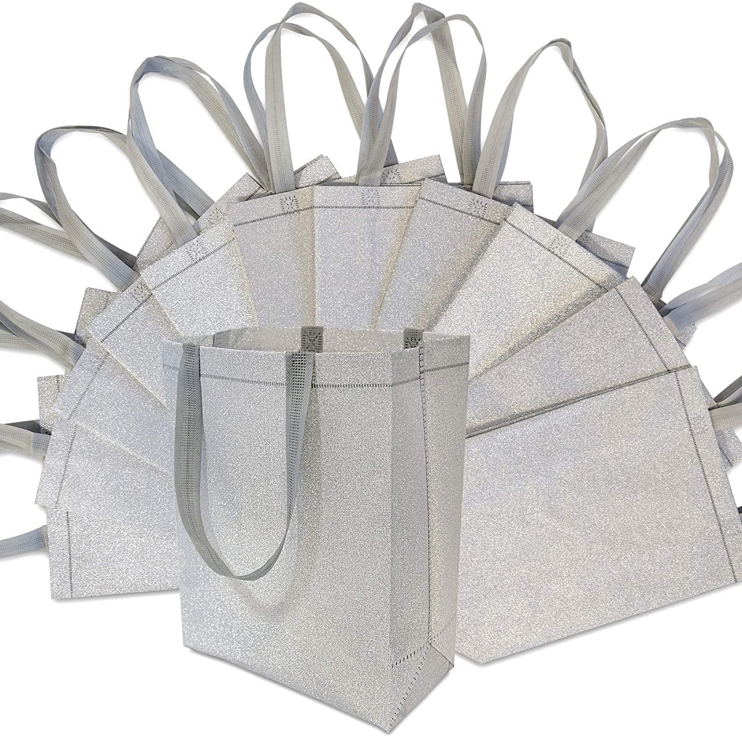 Large Metallic Silver Reusable Glitter Gift Bags with Handles, Birthday Party Favor Bags Bags