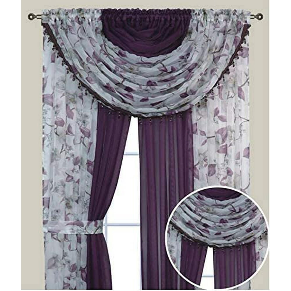Complete Window Sheer Voile Floral Curtain Panel Set w/4 Attached