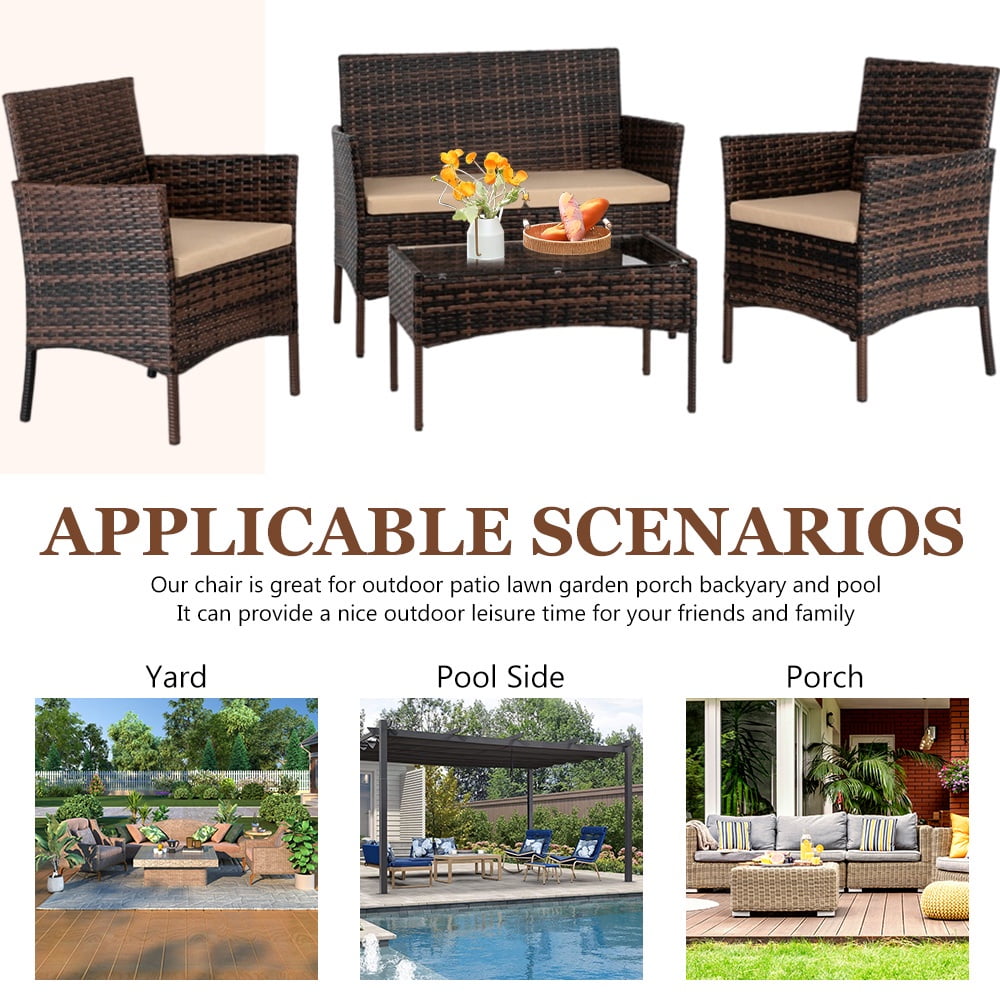 4 Pieces Outdoor Wicker Conversation Set, All-Weather Rattan Patio Furniture Sets with Arm Chairs, Tempered Glass Tabletop and Cushions, Sectional Sofa Set for Backyard, Garden, Poolside