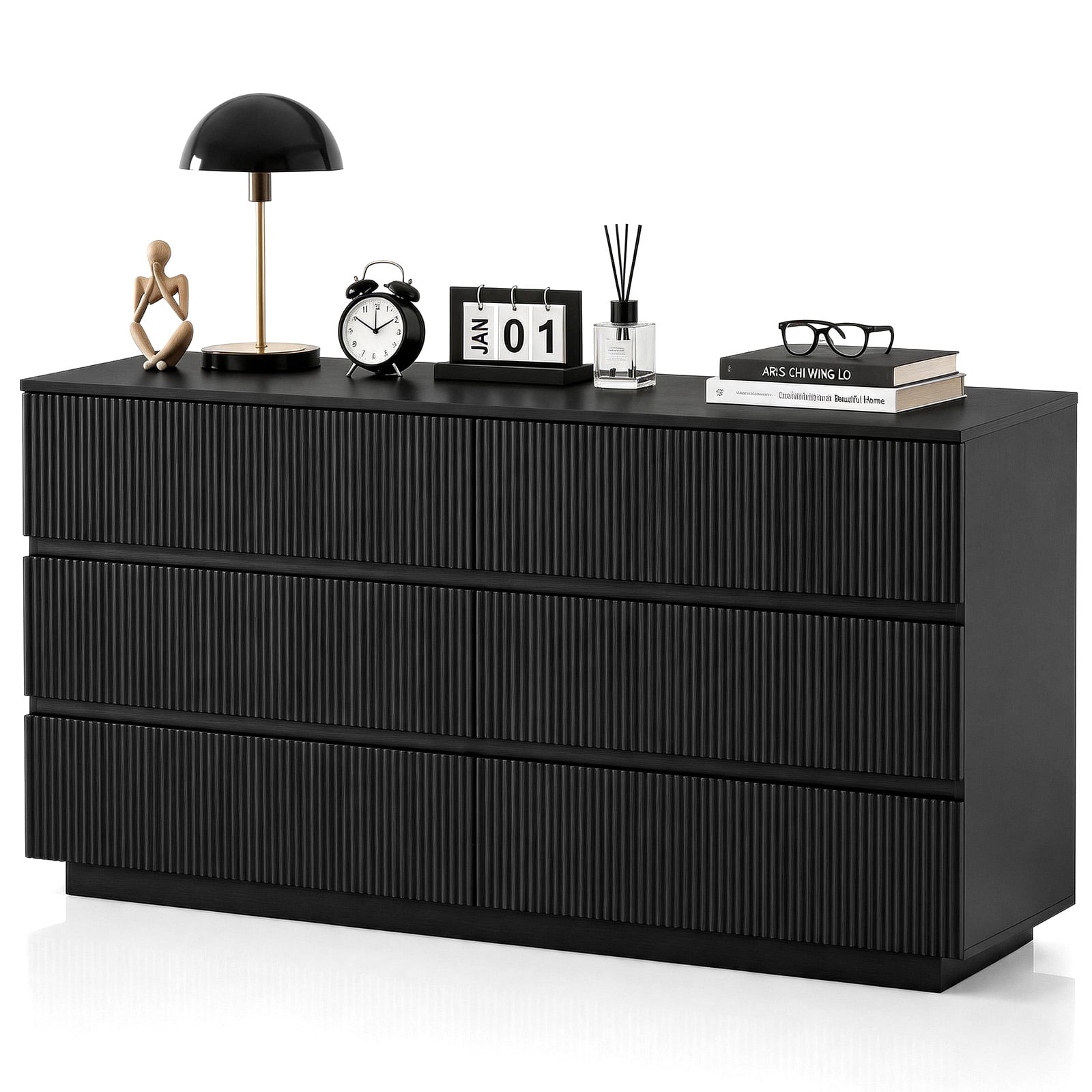 Handleless 6-Drawer Dresser with Grille Finish P2 Particleboard + MDF & Melamine Veneer + Vacuum-Formed Bedside Table 55.12*15.75*27.95in Black