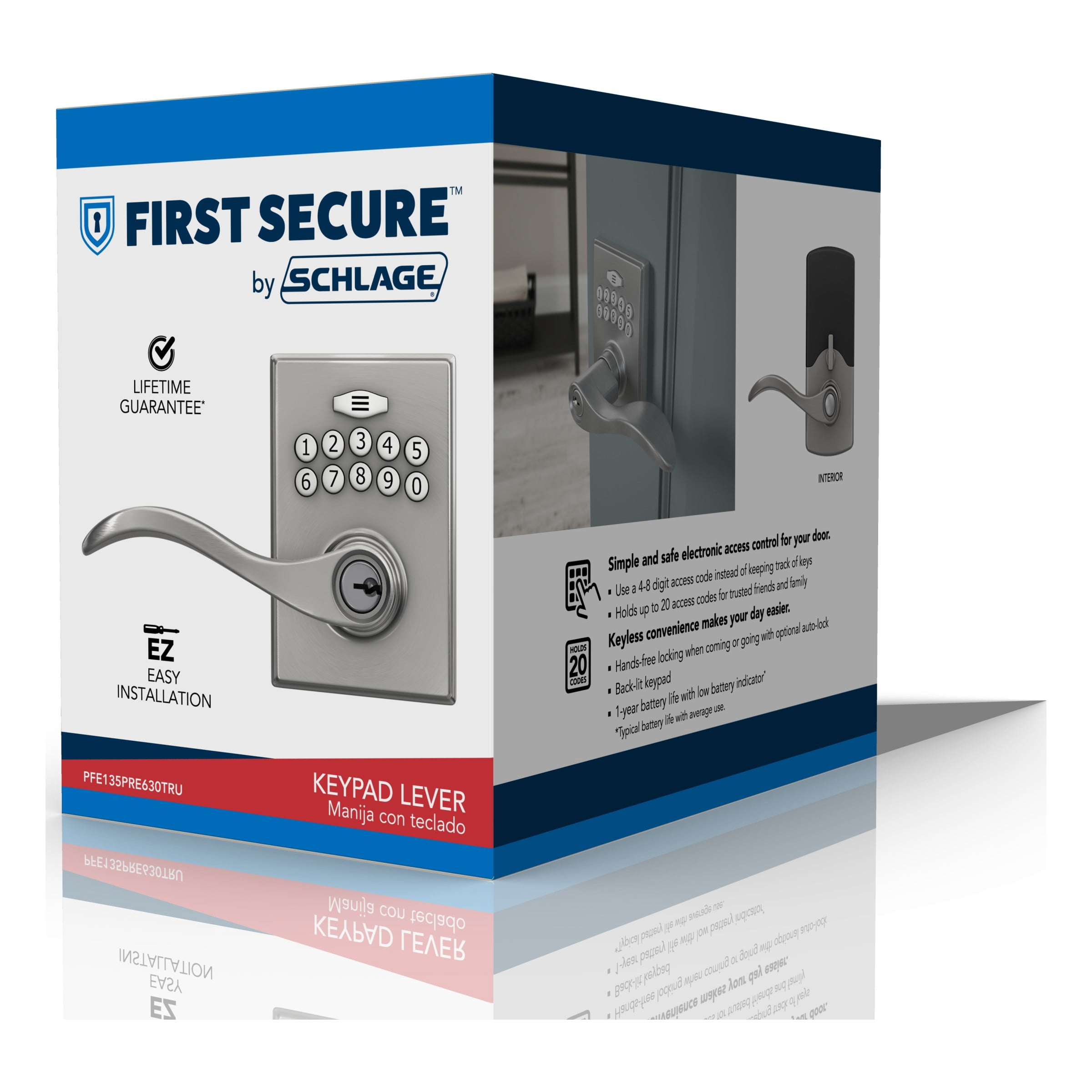 First Secure by Schlage Presley Keypad Electronic Door Lever Lock with Truss Trim in Satin Stainless Steel for Interior or Exterior Door