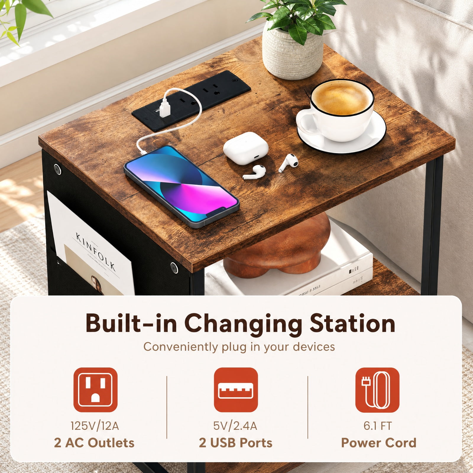 Furnibear End Table Nightstand with Charging Station and 2 Folding Fabric Drawers