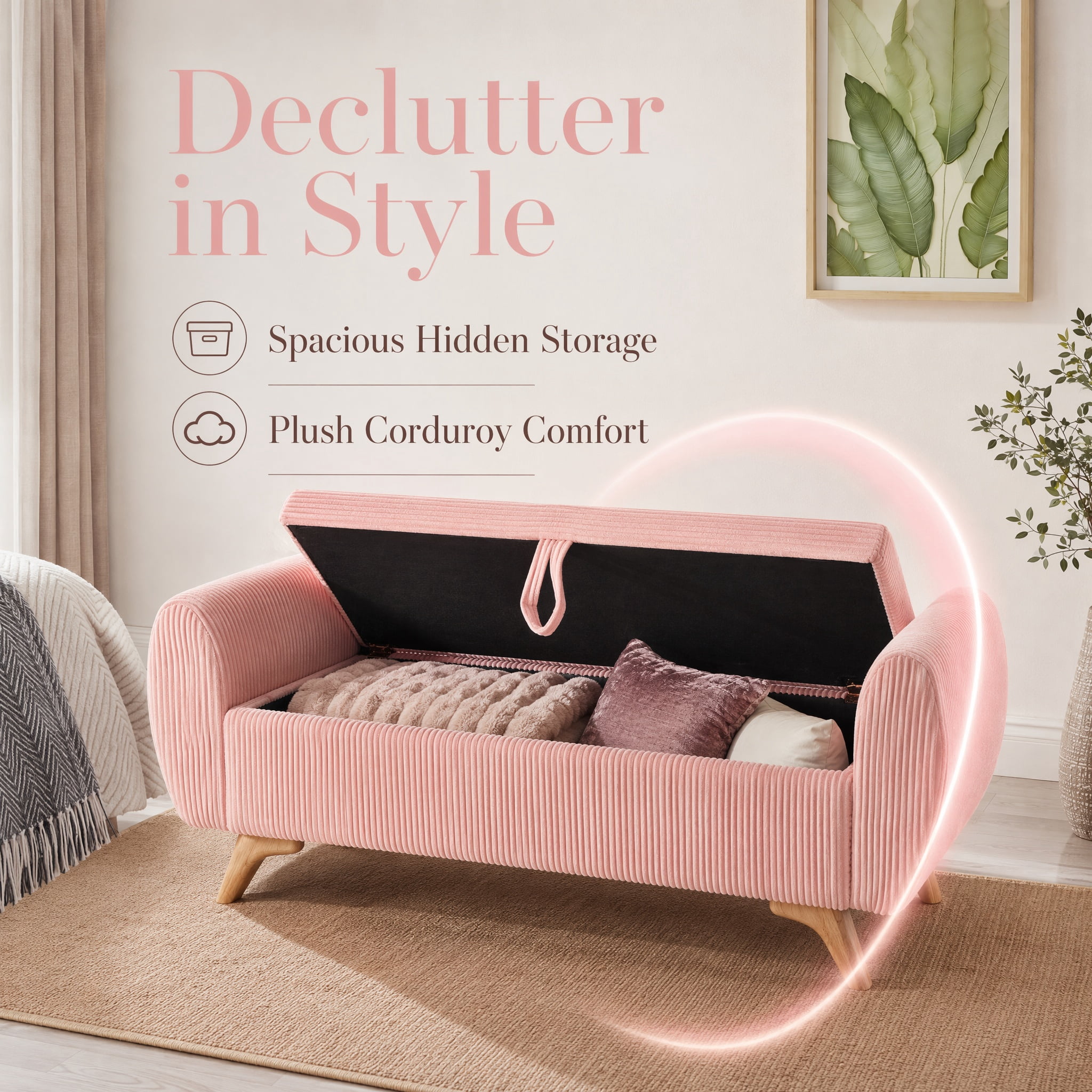 Storage Bed Bench 57 Inch, Corduroy Upholstered Bench with Flip Top Storage for Bedroom Hallway, Pink