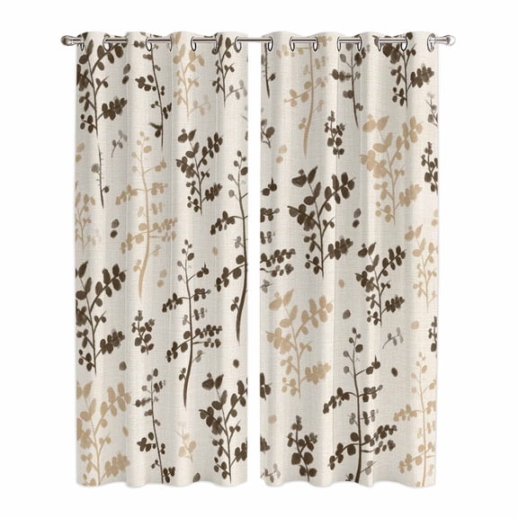 Kitchen Curtains 84 Inch Length 2 Panels, Brown Beige Botanical Grommets Window Treatment Curtain, Rustic Country Spring Floral Summer Leaf Thermal Curtains Drapes for Living Room/Bathroom