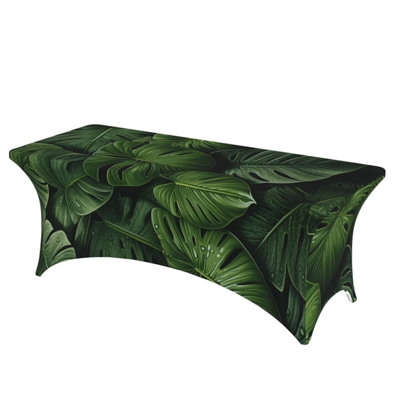 Hawaii Tiki Palm Leaf Green Stretch Rectangular Table Cover 6FT Elastic Fitted Tablecloth for Parties, Weddings, Banquets