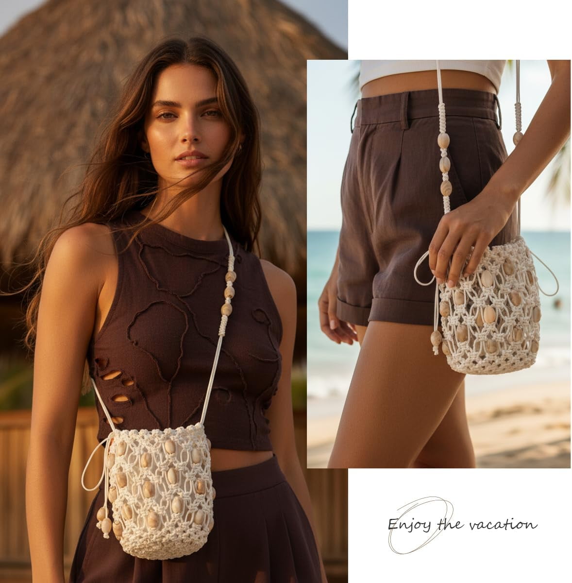 Women’s Boho Beaded Crochet Crossbody Bag Lightweight Cell Phone Purse with Adjustable Strap
