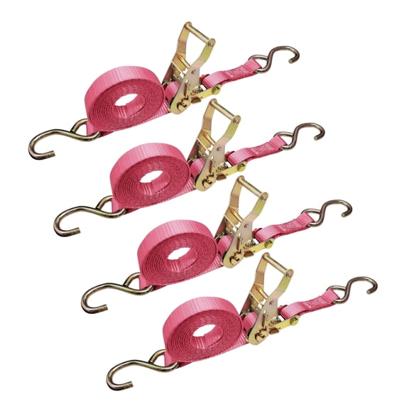 Mega Cargo Control 4 pack Handle Ratchet Straps 1" x 6' Motorcycle Tie Down Straps with S Hooks for Bike, Boat, Utility Use, 833 lbs Wll, Pink