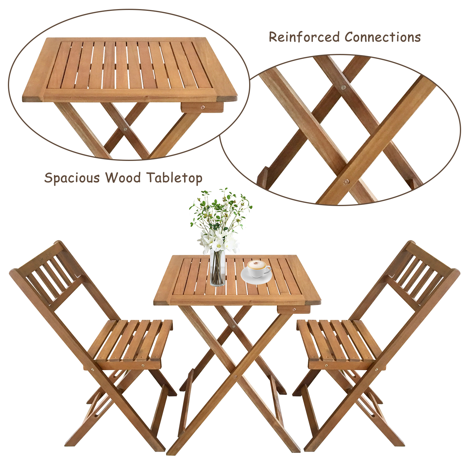 Folding Wooden Patio Bistro Set 3 Piece, Acacia Wood Outdoor Bistro Set Table and Chairs Set Wooden Furniture with 2 Chairs and Square Table for Pool Beach Backyard Balcony Porch Deck Garden - image 3 of 7