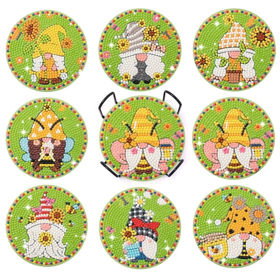 8pcs DIY Diamond Painting Coaster Kit with Gnome Design and Stand, Perfect for Home Decor and Gift Giving
