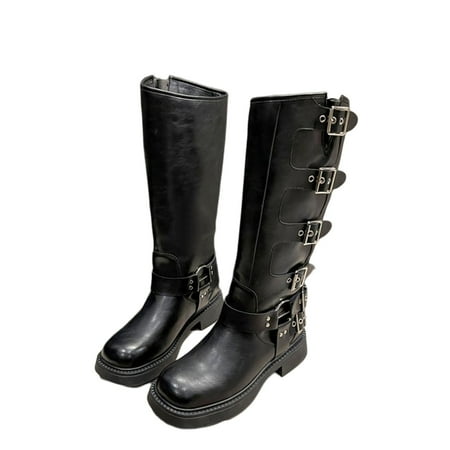 

Fesfesfes Riding Boots For Women Mid Heel Shoes Belt Buckle Knee High Retro Cowboy Rider Punk US:5.5(36)