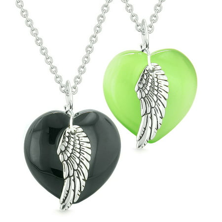 Amulets Angel Wing Hearts Love Couples Best Friends Black Agate Neon Green Simulated Cats Eye (Best Angel Eyes For E90)