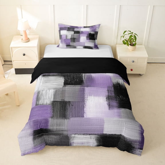 Homewish Watercolor Grid Twin Duvet Cover,Vintage Abstract Twin Bedding,Purple,Black Reversible,2pcs,1 Duvet Cover and 1 Pillowcase
