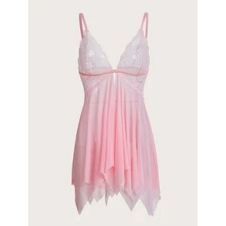 Babydoll Dress for Women  See Through Lingerie  Sexy Play Lace Chemise Underwear Exotic Mesh Nightgown Boudoir Outfits  Mesh Wedding Nightie  Pink(S)