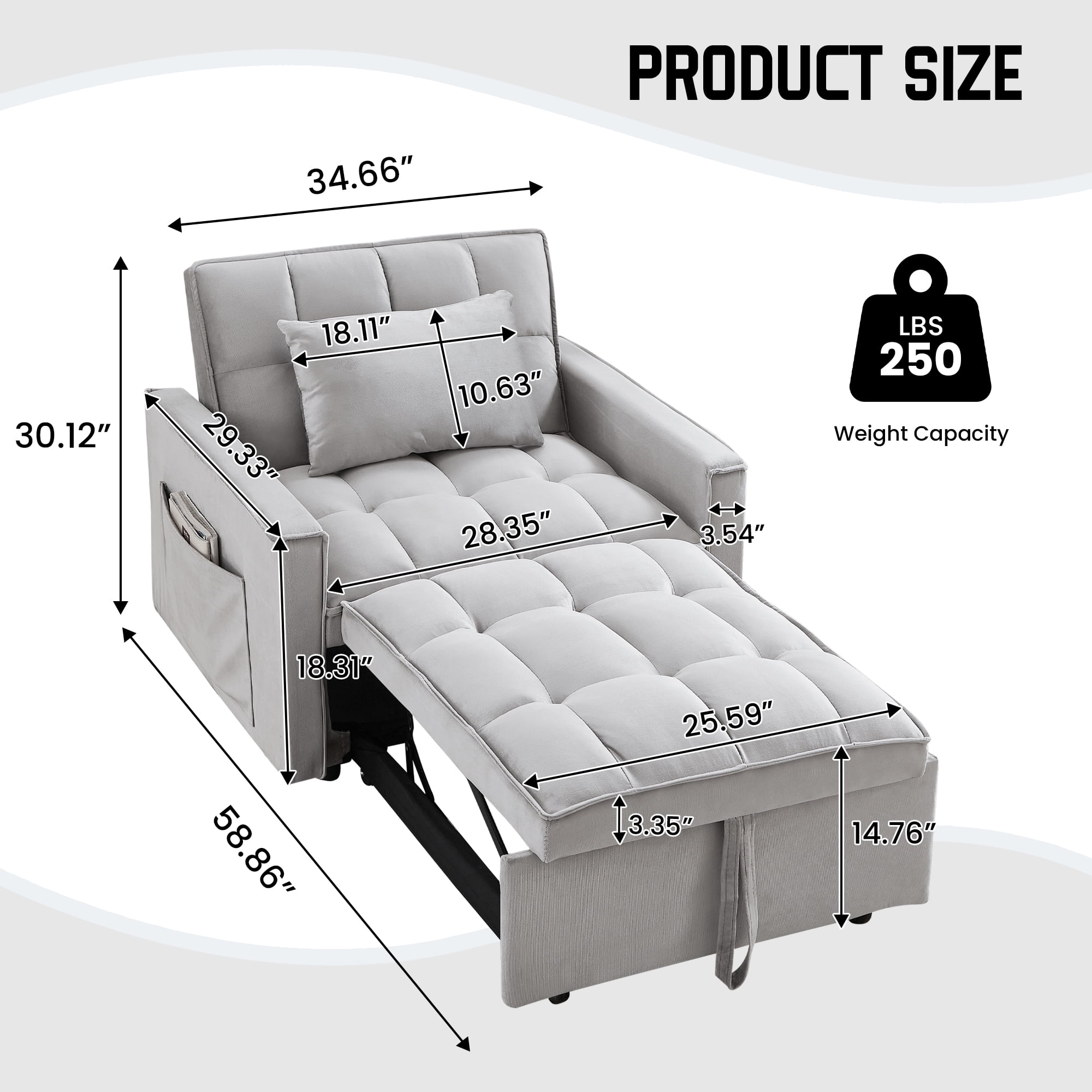 Lunale 3-in-1 Convertible Sleeper Sofa Chair Bed, Lounge Chair Indoor, Modern Single Couch for Living Room, Small Spaces, Gray Velvet