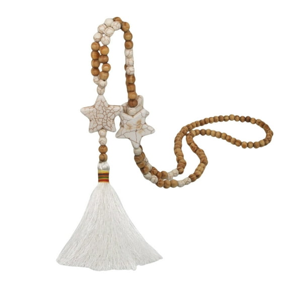 Long White Star Tasseled Wooden Beaded Necklace