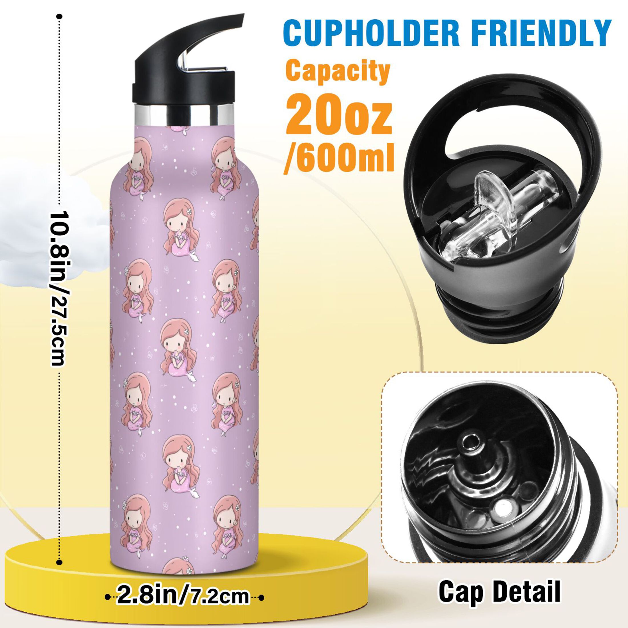 Kids Insulated Stainless Steel Sports Water Bottle 600ml (20oz) Cartoon Mermaid Pattern