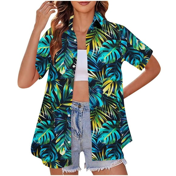 RKSTN Women Blouses Womens Hawaiian Shirts Button up Casual Shirt Summer Beach Shirt Cool Short Sleeve Blouse Boho Tops for Women