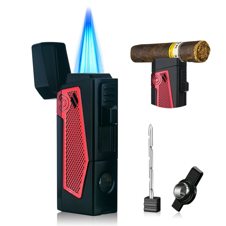 PROMISE Cigar Lighter Multi-Functional Cigar Accessories Torch Lighters  Quadruple 4 Jet Flame Refillable Butane Lighter Gadgets for Men Gift Ideas  Empty without gas (Red) 