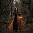 thumbnail image 4 of Jiibva Halloween Bat Print Mesh Cape Gothic Hooded Witch Cloak Orange 190cm, 4 of 7