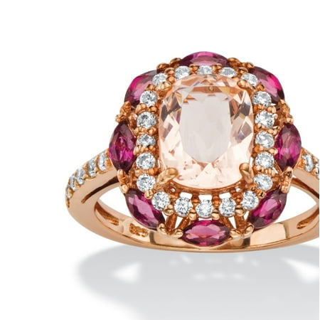 Sterling Silver Scallop Shell (1.01 TCW Cushion-Cut Peach Glass, Rose Rhodolite and CZ Scalloped Halo Cocktail Ring in Rose Gold-Plated Sterling)