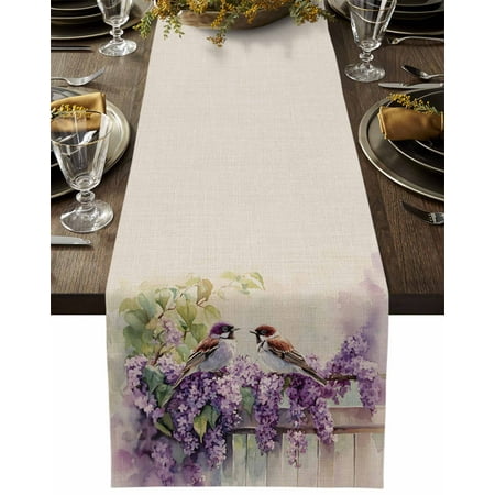 

Sparrow Rural Fence Purple Lavender Table Runners 13x36 Inches Long Linen Burlap Table Runner Summer Floral Greenery Table Cover Dresser Scarf for Kitchen Dining Holiday Party Wedding Gathering