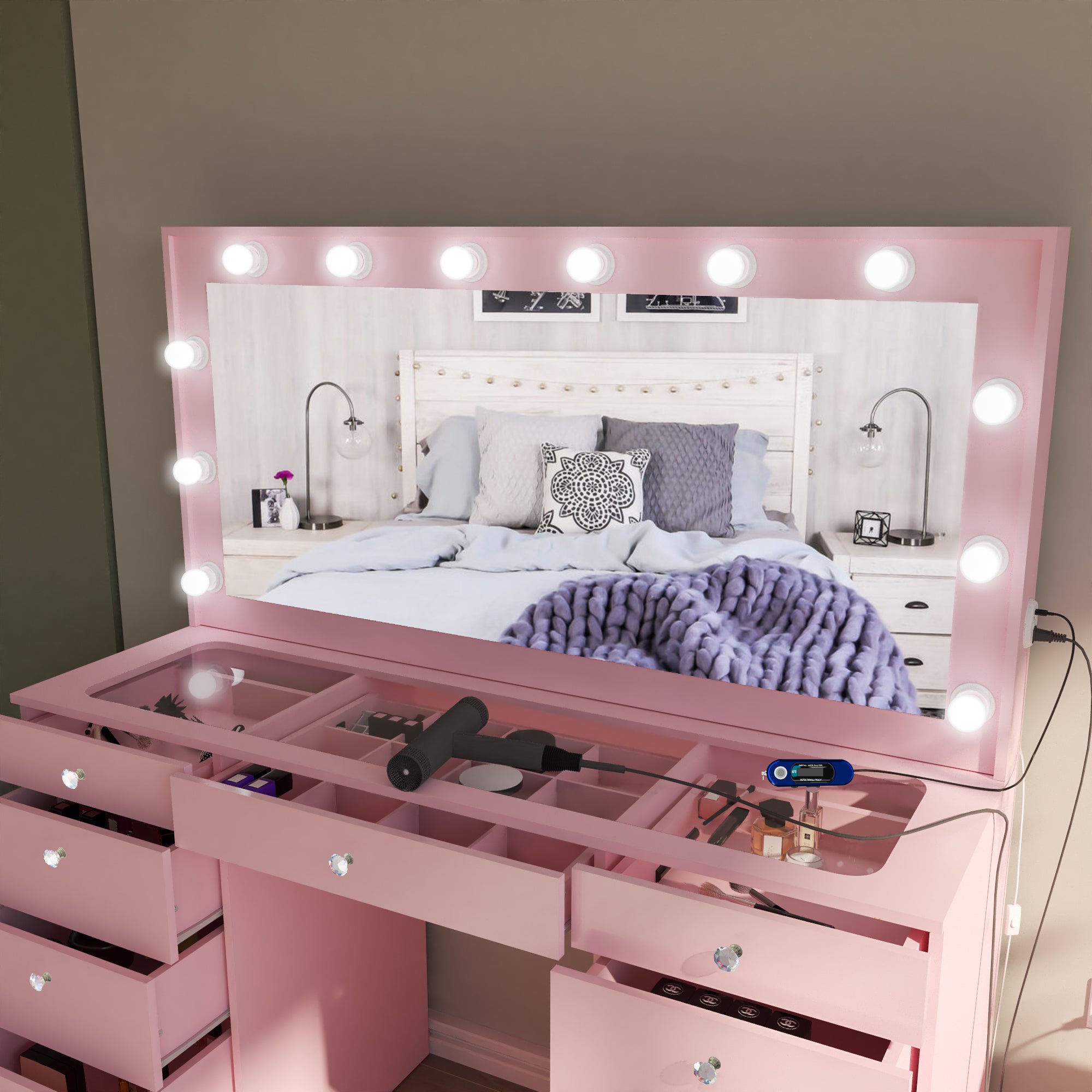 Ember Interiors Makeup Vanity with Mirror, Built-in Lights, 11 Drawers, Crystal Knobs, Pink
