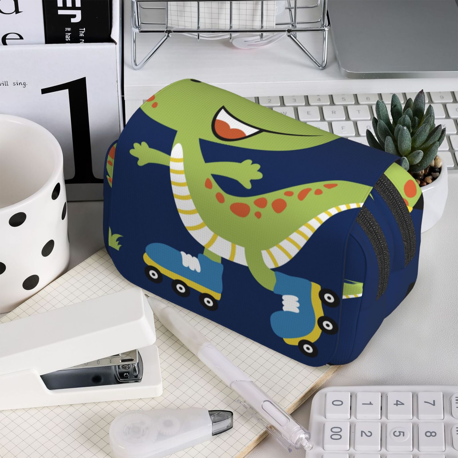 Rateoe Dino Playing Roller Skate Pattern Double Clamshell Pen Case, Storage Organizer with Two Zipper Compartments– Holds Up to 50 Pencils & Pens