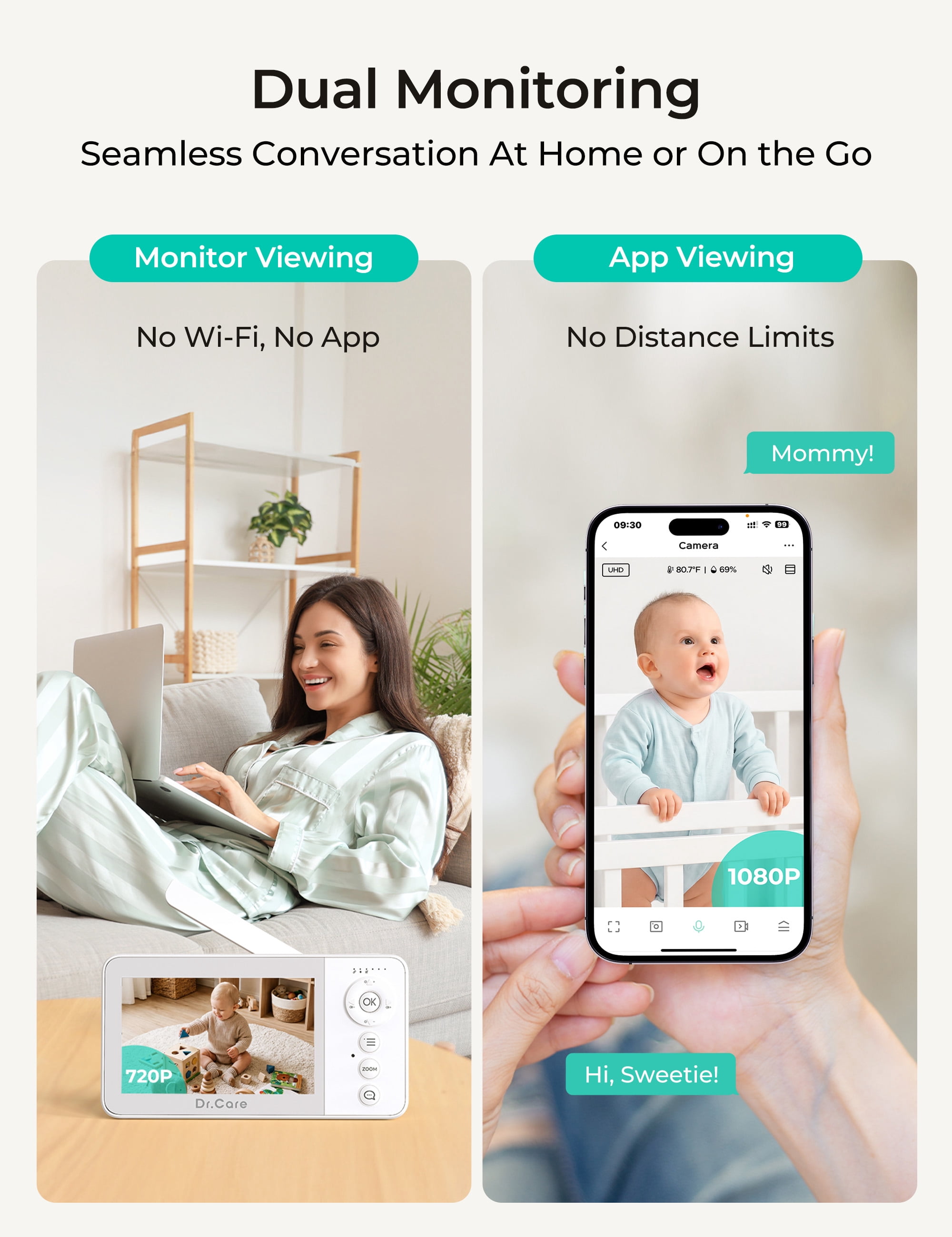 Dr.Care VistaView Lite RB WiFi Baby Monitor – 4" Split Screen, 1080P Camera, App Control, Motion Alerts, Removable Battery