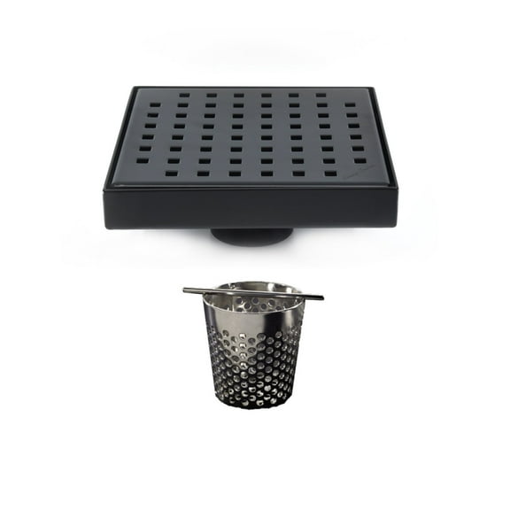 6 Inch Matte Black Square Shower Drain with Hair Trap Set (2 Designs)