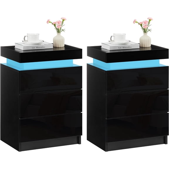 CLIPOP Nightstand Set of 2 with LED Light, Modern White Night Stand with Flip Top, Small Bedside Table with 3 Wood Drawers Storage, High Gloss End Side Table for Bedroom