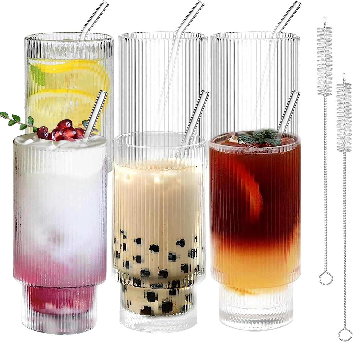 Ribbed Glass Cups with Straws 16oz, Drinking Glasses Set of 6, Ribbed