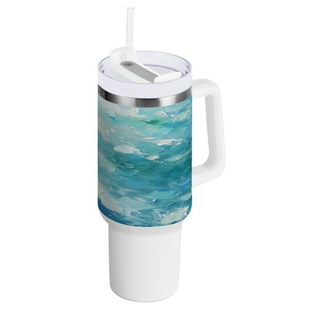 

40 Oz Car Handle Water Bottle 10.8x3.85 Inch Handle And Straw Travel Water Bottle Reusable Stainless Steel Water Bottle Green Oil Painting