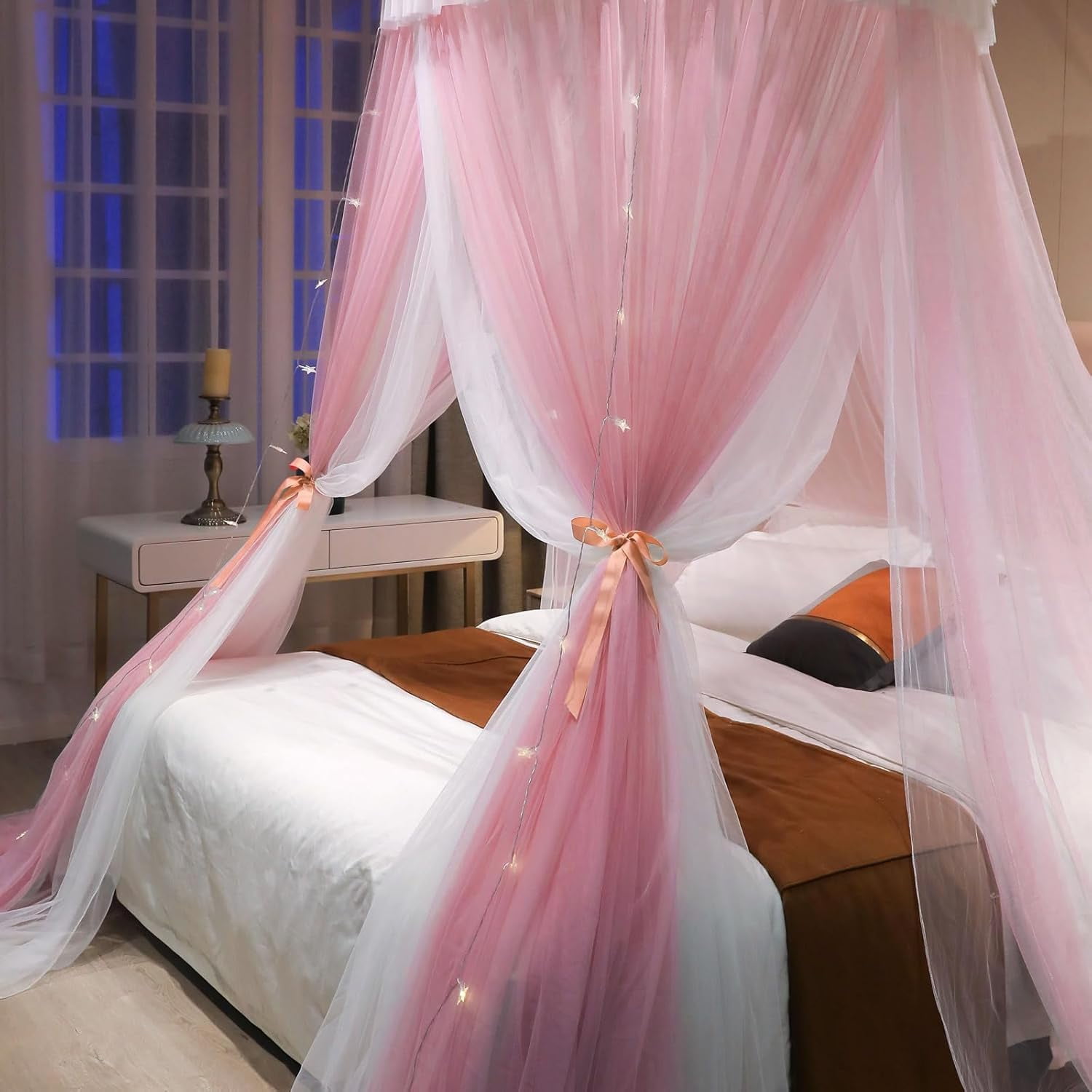 Girls and Adults Canopy Bed, Elegant Double-Layer Bed Curtain, Children's Dream Round Lace Mosquito Net, Princess Canopy Net - Fits Twin, Full, Queen, and King Beds (White/Blue)