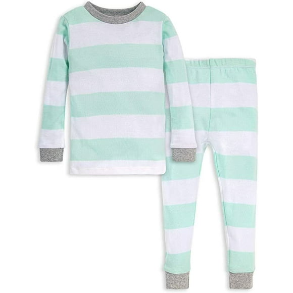 Burt's Bees Girls Pyjama Set Organic Cotton Green Rugby Stripe ( 7 )