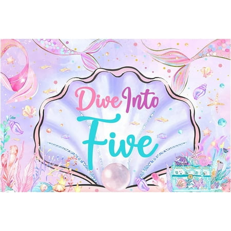 Mermaid 5th Birthday Decorations, 5x3ft Dive Into Five Backdrop Mermaid Birthday Banner Under The Sea Photography Background Photo Booth Studio for Girls 5 Years Old Birthday Party Supplies