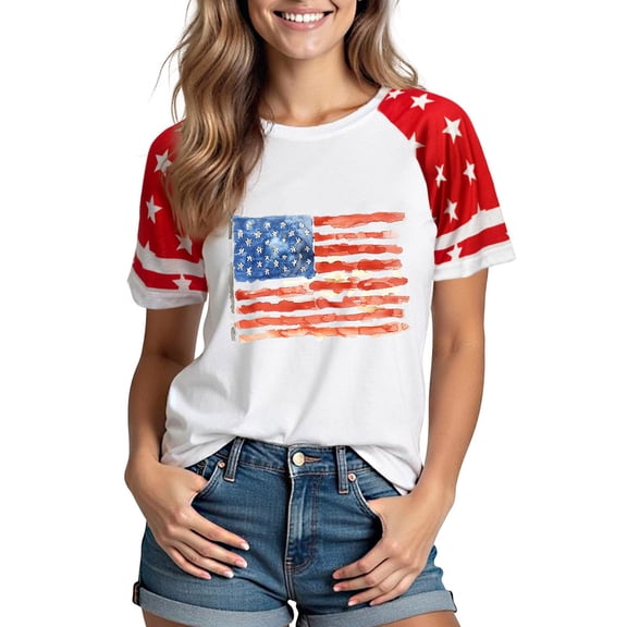 Itsame 4th of July Independence Day Printed Short Shirt Women Fourth of July Short Sleeve T-Shirt Round Neck Blouses Red Size L