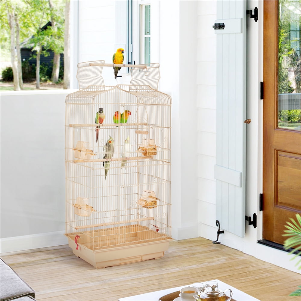 Alden Design Large 41" Metal Bird Cage with Play Top for Parakeets and Lovebirds, Almond