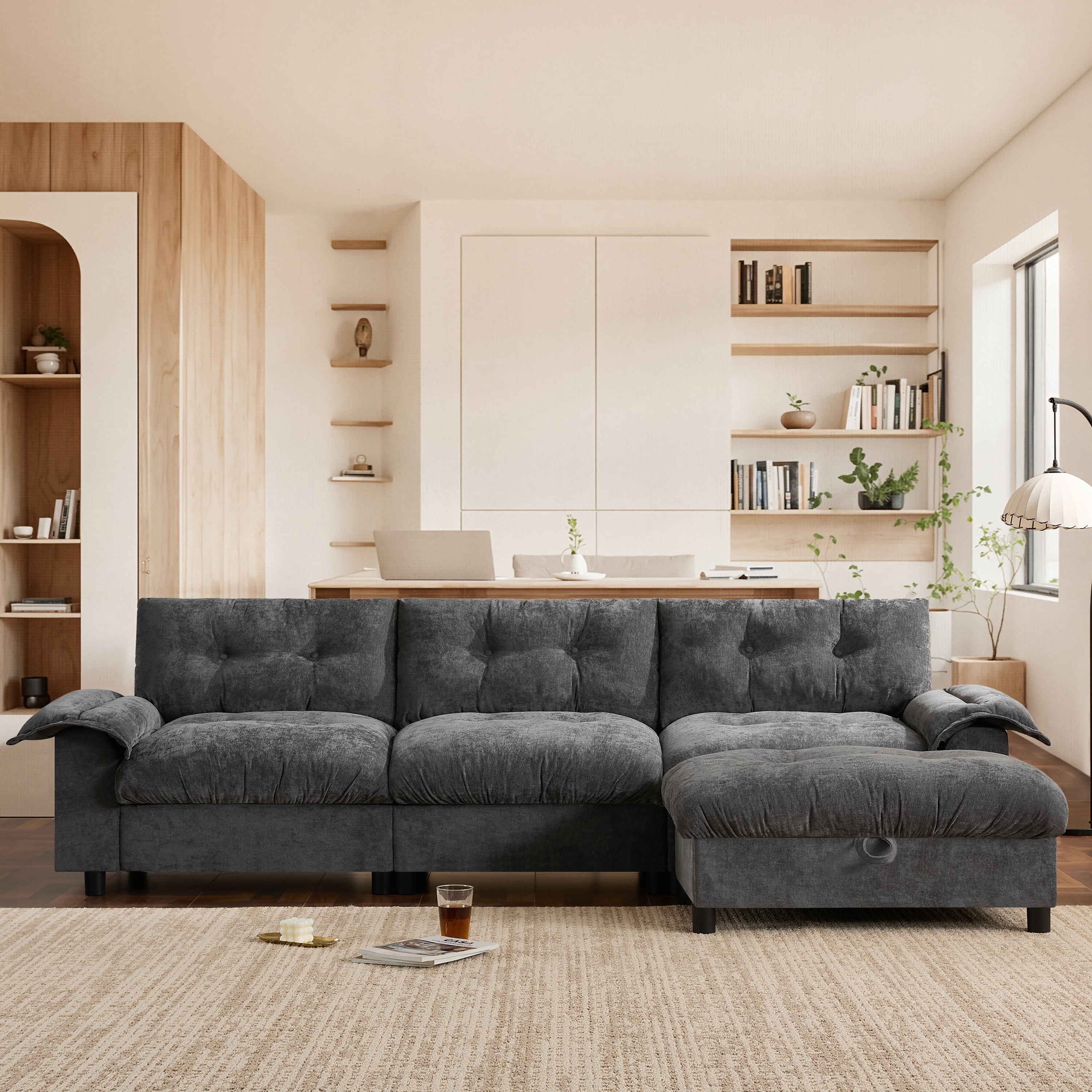 Sectional Sofa, L Shape Sofa, Tufted Sofa with Multifunction Pull-Out Armrest and Storage Ottoman, Chenille Couch with Side Storage Pockets, for Living Room, Dark Gray