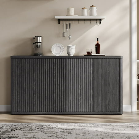 SICOTAS 66.3"W Large Kitchen Sideboard Buffet Cabinet with 4 Fluted Doors & Adjustable Shelves, Oversized Console Cabinet with Storage for Living Room, Coffee Bar Station for Dining Room, Black